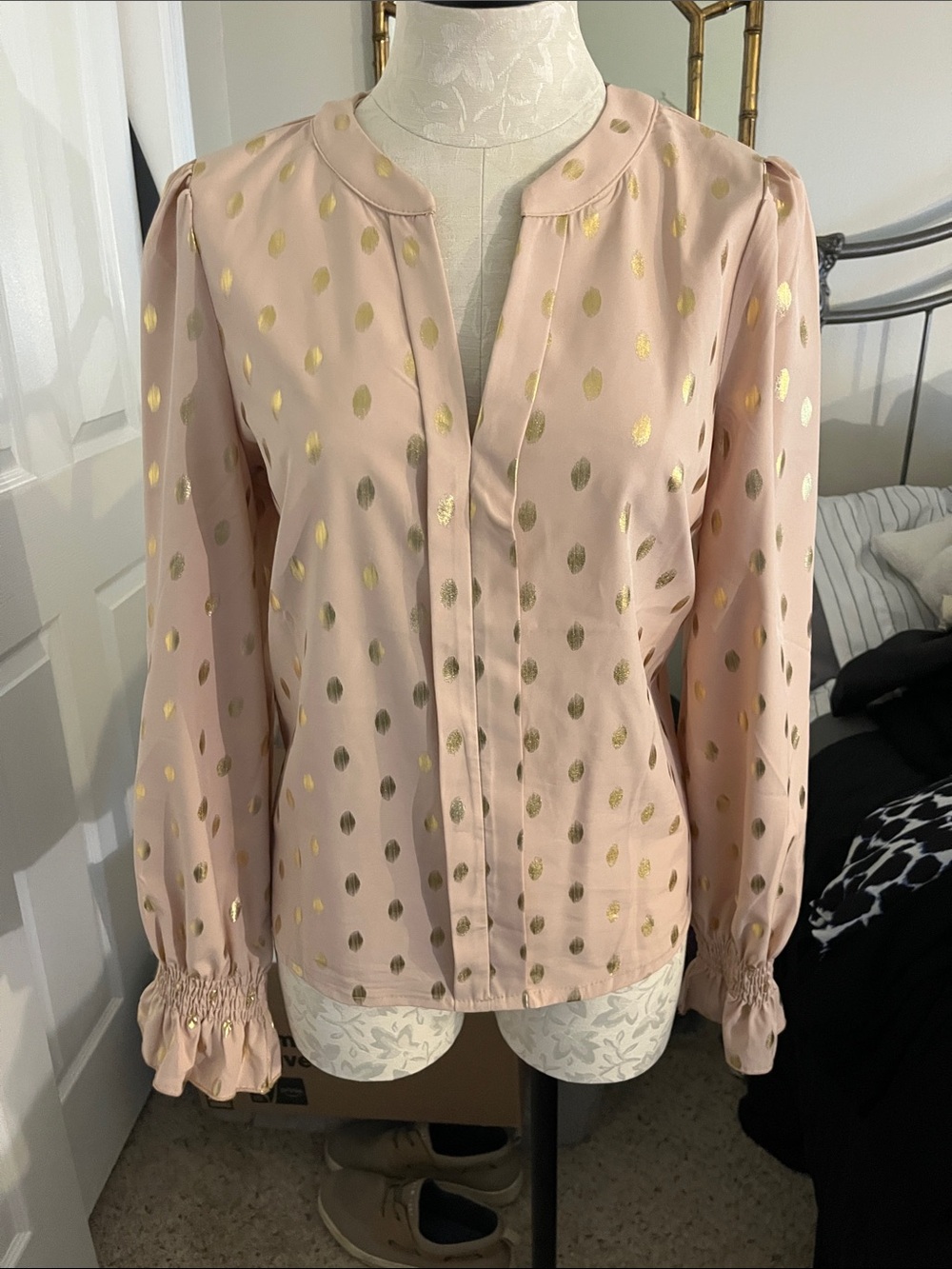 SHEIN Blush Pink Long-Sleeve Blouse with Gold Dot Print